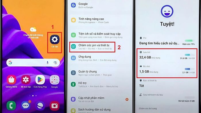kiểm tra dung lượng Samsung đơn giản thông qua cài đặt