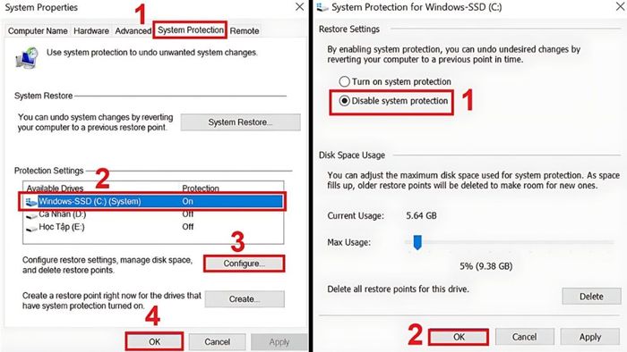 Cách dọn dẹp ổ C vô hiệu hóa tính năng System Restore bước 2
