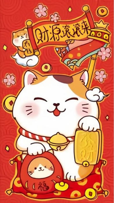 Hình nền mèo thần tài Chibi cho điện thoại phong cách tươi vui