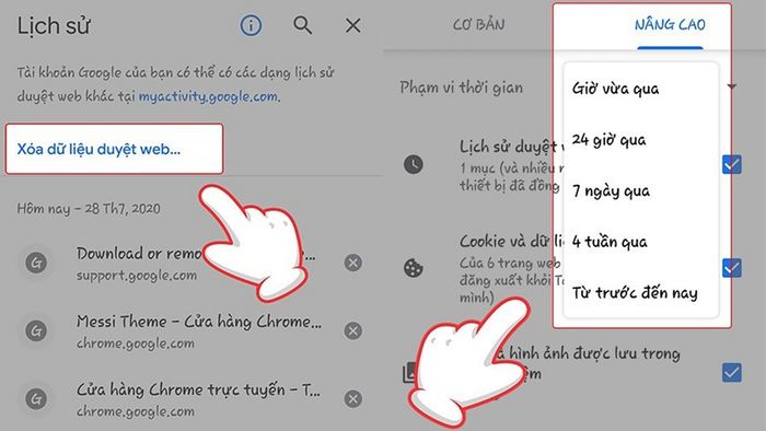Bước 2 trong việc khắc phục lỗi không xem được video trên điện thoại Samsung là xóa cache và cookies