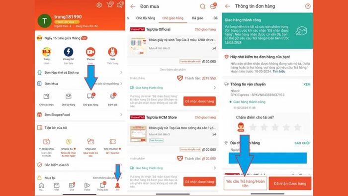 Hướng dẫn bước 1 cách khiếu nại shipper Shopee dành cho người mua