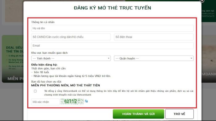 Hướng dẫn làm thẻ VISA Vietcombank online bước 3
