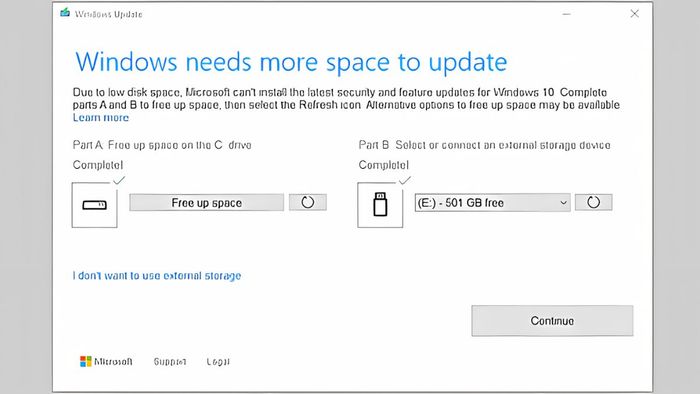 Lỗi không đủ không gian đĩa khi cập nhật Windows 10