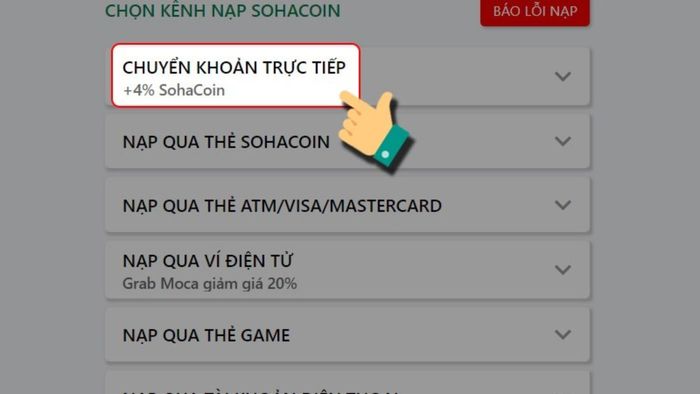 Hướng dẫn nạp SohaGame qua chuyển khoản trực tiếp - Bước 1