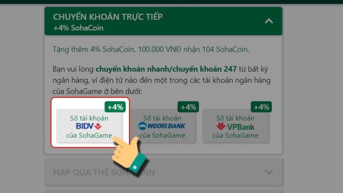 Hướng dẫn nạp SohaGame qua chuyển khoản trực tiếp - Bước 2