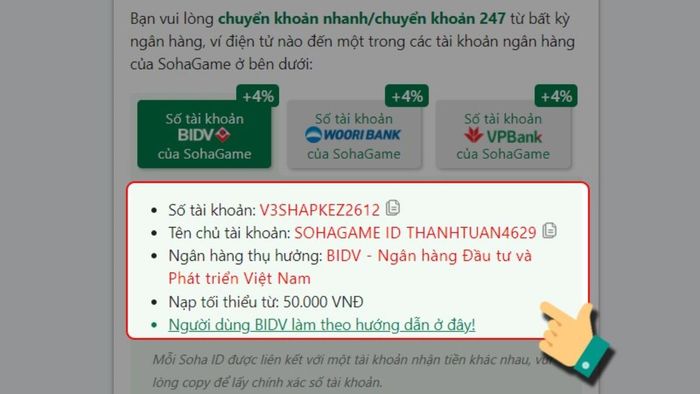 Hướng dẫn nạp SohaGame qua chuyển khoản trực tiếp - Bước 3