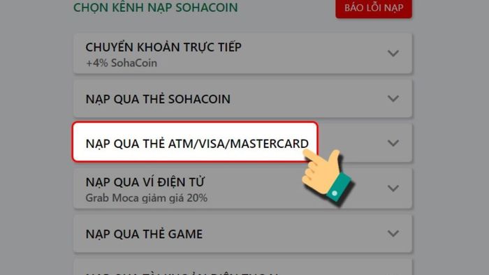 Hướng dẫn nạp SohaGame qua thẻ ATM/ Visa/ MasterCard - Bước 1