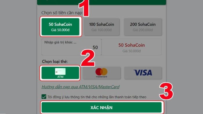 Hướng dẫn nạp SohaGame qua thẻ ATM/ Visa/ MasterCard - Bước 2