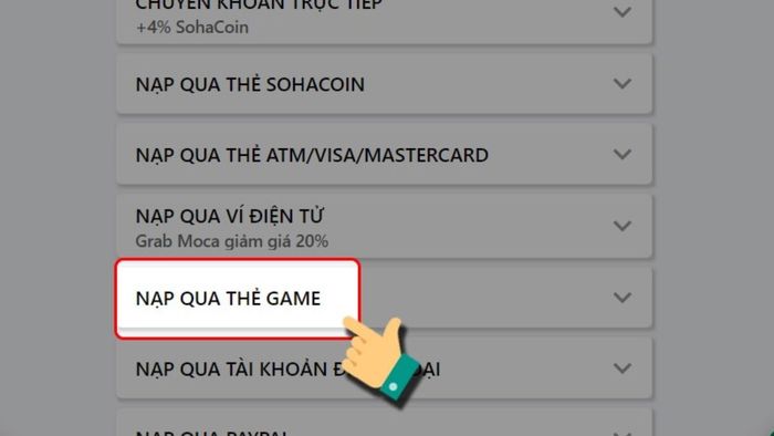Hướng dẫn nạp SohaGame bằng thẻ game - Bước 2