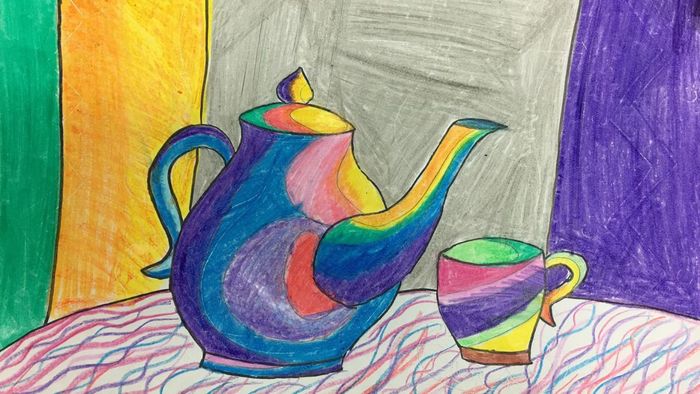 Tranh vẽ tĩnh vật với bình trà và cốc gây ấn tượng mạnh