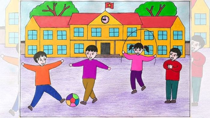 Vẽ tranh trường học với các em học sinh đang vui đùa, chơi cùng nhau