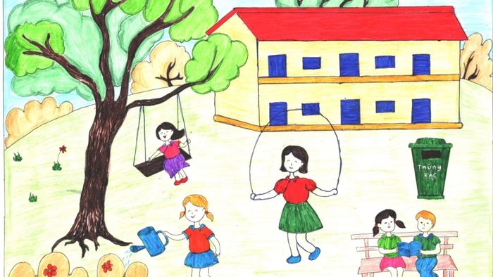 Vẽ tranh trường học trong lúc giờ ra chơi vui vẻ