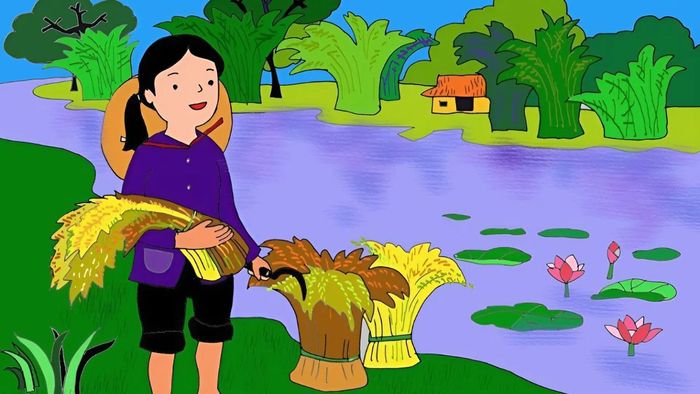 Vẽ tranh về mẹ và con đang gặt lúa trên cánh đồng