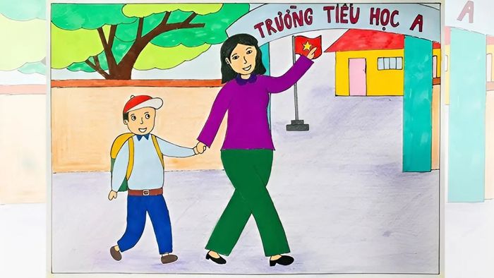 Vẽ tranh về mẹ và con vui vẻ trên đường đến trường