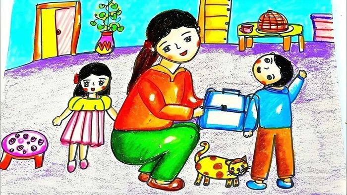 Vẽ tranh về mẹ đang trò chuyện với con trên con đường đến trường