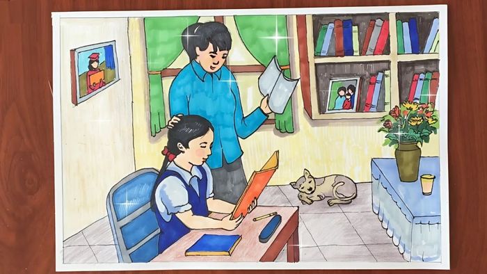 Vẽ tranh về mẹ đang dạy con học bài với sự chăm sóc và tận tụy