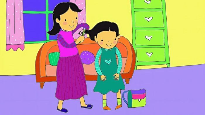 Vẽ tranh về mẹ đeo cặp sách cho con trước khi đến trường, thể hiện tình yêu thương vô bờ bến