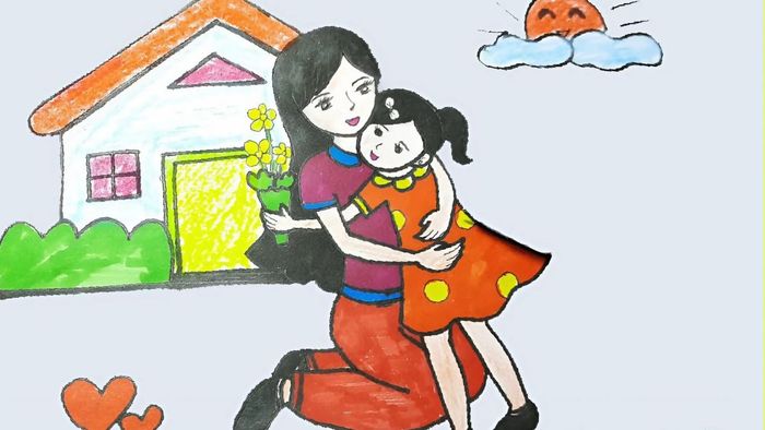 Vẽ tranh về mẹ ôm con vào lòng trong sự yêu thương ấm áp
