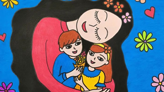 Vẽ tranh về mẹ ôm hai chị em vào lòng với tình cảm trìu mến và bảo bọc