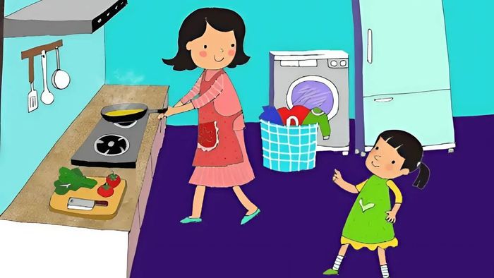 Vẽ tranh mẹ và con cùng nhau nấu cơm trong không khí gia đình ấm cúng
