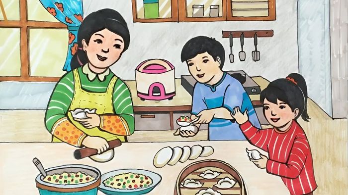 Vẽ tranh mẹ và con cùng nhau dọn dẹp và nấu cơm trong không khí gia đình