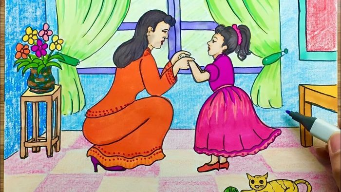 Vẽ tranh về mẹ và con trong những khoảnh khắc ca hát, nhảy múa vui vẻ