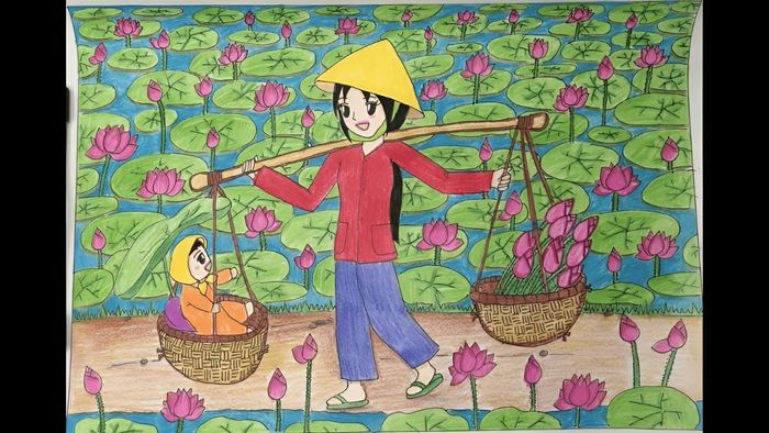 Vẽ tranh về mẹ và con cùng nhau đi chợ chiều