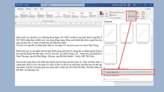 Hướng dẫn chèn Watermark trong Word: Bước 2 (Cách 2)