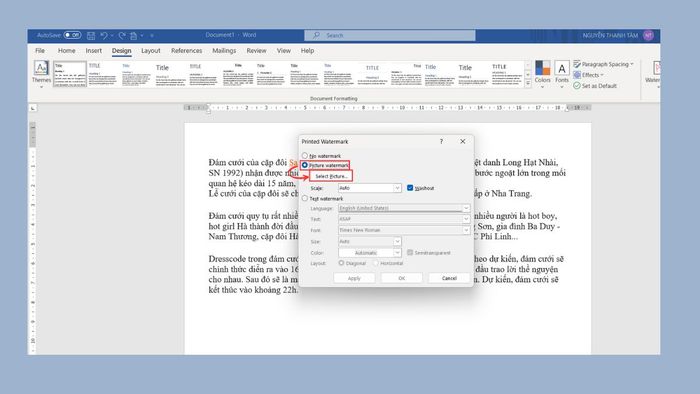 Hướng dẫn chèn Watermark trong Word: Bước 3 (Cách 2)