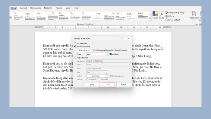 Hướng dẫn chèn Watermark trong Word: Bước 4 (Cách 2)