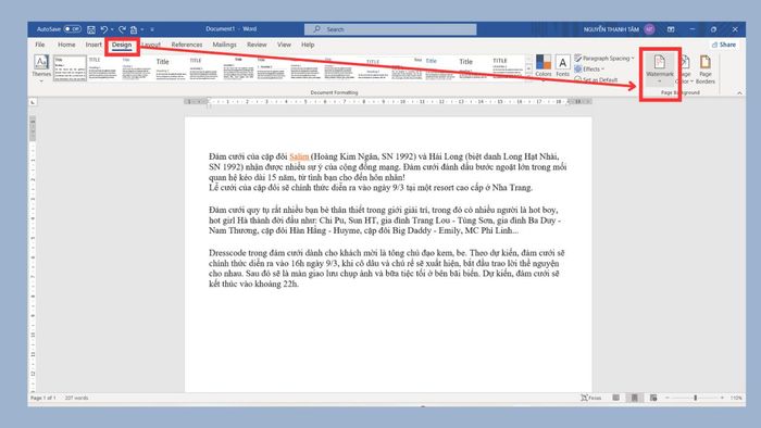 Hướng dẫn cách chèn Watermark trong Word: Bước 1 (Cách 3)
