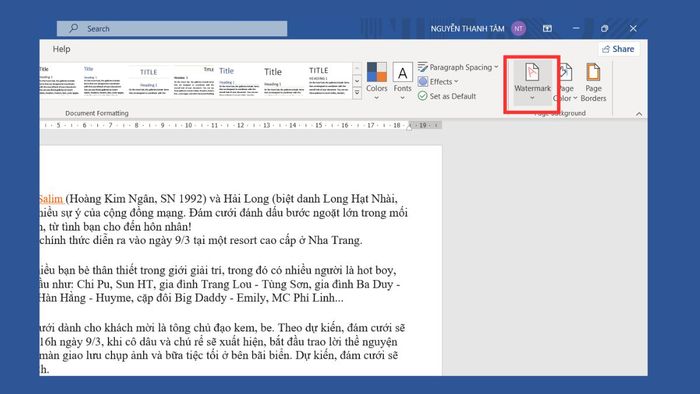 Hướng dẫn cách xóa watermark trong Word: Bước 2
