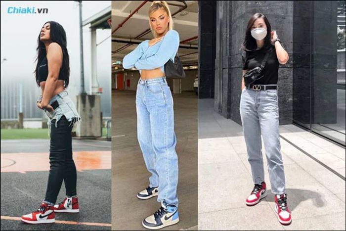 phối trang phục với giày nike Jordan và quần jeans dành cho phái nữ