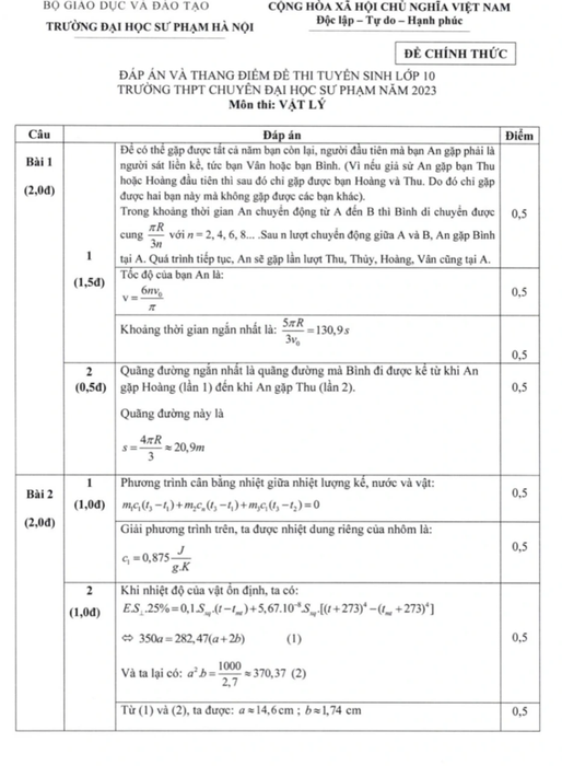 Đề thi lớp 10 của trường THPT Chuyên Sư Phạm Hà Nội, bao gồm đáp án các môn học.