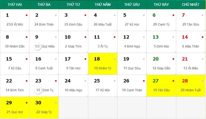 Thông tin về lịch âm và lịch dương trong tháng 4 năm 2024