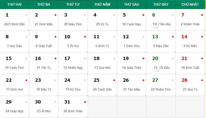 Thông tin về lịch âm và dương trong tháng 7 năm 2024