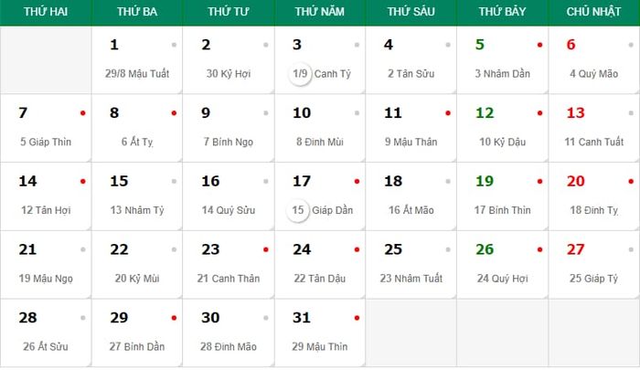 Thông tin về lịch âm và dương trong tháng 10 năm 2024