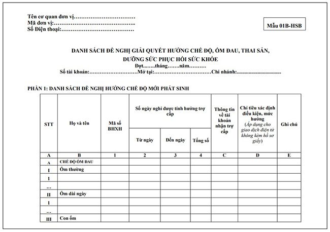 Mẫu 01B-HSB: Danh sách đề nghị hưởng chế độ thai sản, ốm đau, dưỡng sức