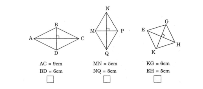 Hướng dẫn giải: Tính diện tích của hình thoi và so sánh với 20 cm² để xác định.