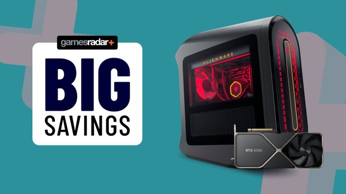 Alienware Aurora R15 bên cạnh RTX 4090 và biểu tượng bên trái với dòng chữ 'giảm giá lớn'