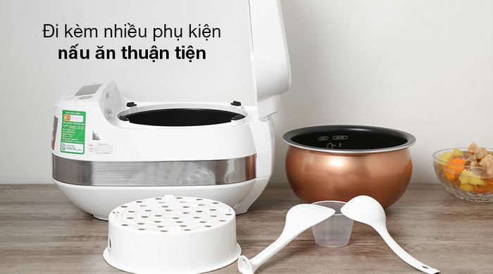 Nồi cơm điện cao tần Tefal 1.5 lít RK808168 - Đi kèm nồi cơm điện Tefal có các phụ kiện muỗng cơm, muỗng canh, ca đong, xửng hấp