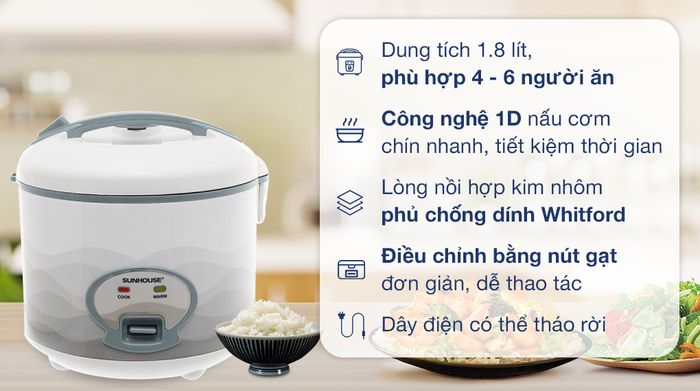 Nồi cơm nắp gài Sunhouse 1.8 lít SHD8602 - Tổng quan