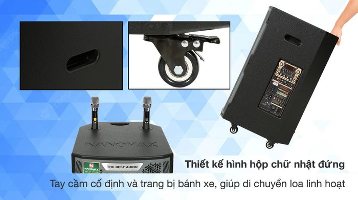 Loa Kéo karaoke Nanomax X-2000 1100W - Thiết kế hình hộp chữ nhật đứng, trang bị tay cầm và bánh xe dễ di chuyển cùng 2 micro hát karaoke