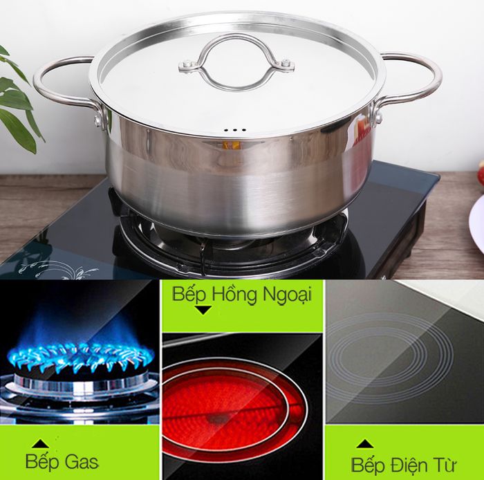 Nồi dùng tốt cho bếp ga, bếp hồng ngoại và bếp từ - Nồi inox 3 đáy nắp inox 24cm Delites NE014-24