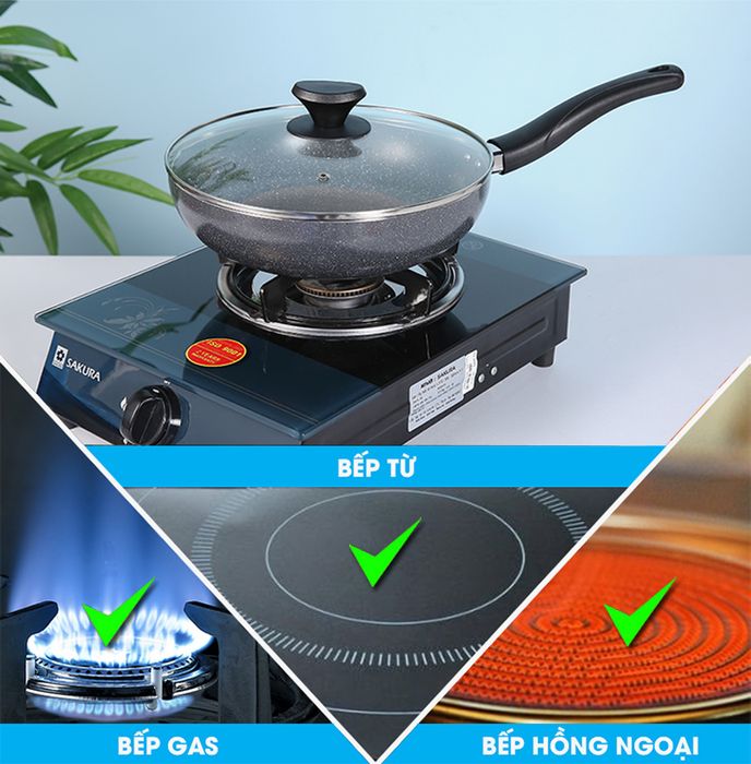 Dùng được bếp từ - Chảo nhôm sâu chống dính vân đá đáy từ nắp kính 26cm Delites CE005-26