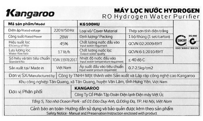 Công suất lọc nước đạt 17 lít/h - Máy lọc nước R.O Hydrogen Kangaroo KG100HU 5 lõi