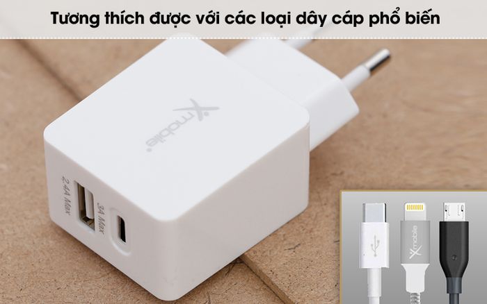 Adapter Sạc 2 cổng USB 2.4A Type C 3A Xmobile DS165X Trắng - Tương thích tối ưu với những cáp sạc thường dùng