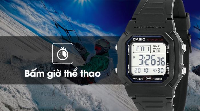 Đồng hồ nam Casio W-800H-1AVDF có tính năng bấm giờ thể thao