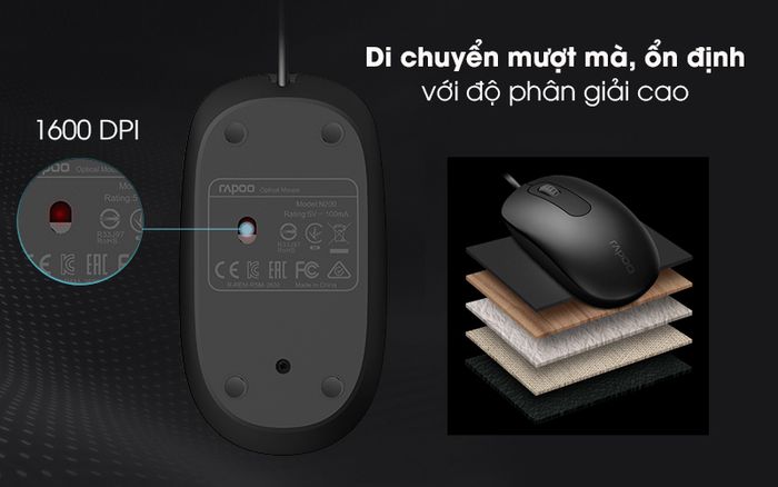 Chuột Có Dây Rapoo N200 Đen - Thực hiện các tác vụ văn phòng đơn giản với độ phân giải 1600 DPI