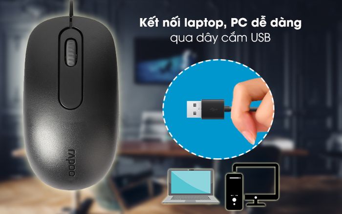 Chuột Có Dây Rapoo N200 Đen - Ghép nối với laptop, PC dễ dàng thông qua dây cắm USB dài 100 cm